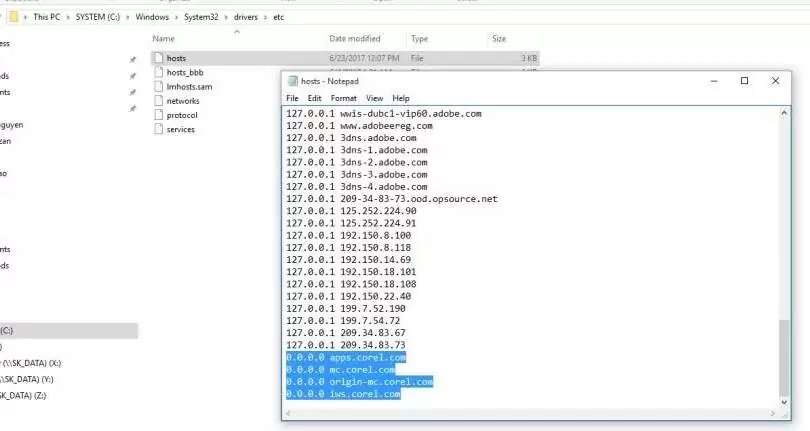 Chỉnh sửa file host để chặn kết nối mạng corel x7